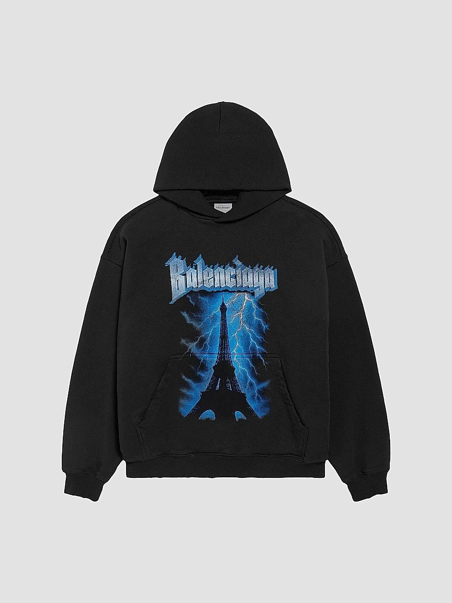 Balenciaga Men's Paris Thunderstorm Medium Fit Hoodie - Black - Size Large