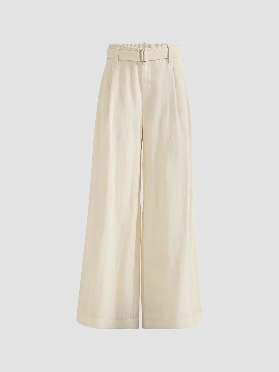Brunello Cucinelli Women's Cotton Organza Pleated Flared Trousers With Belt And Monili - Milk - Size 12