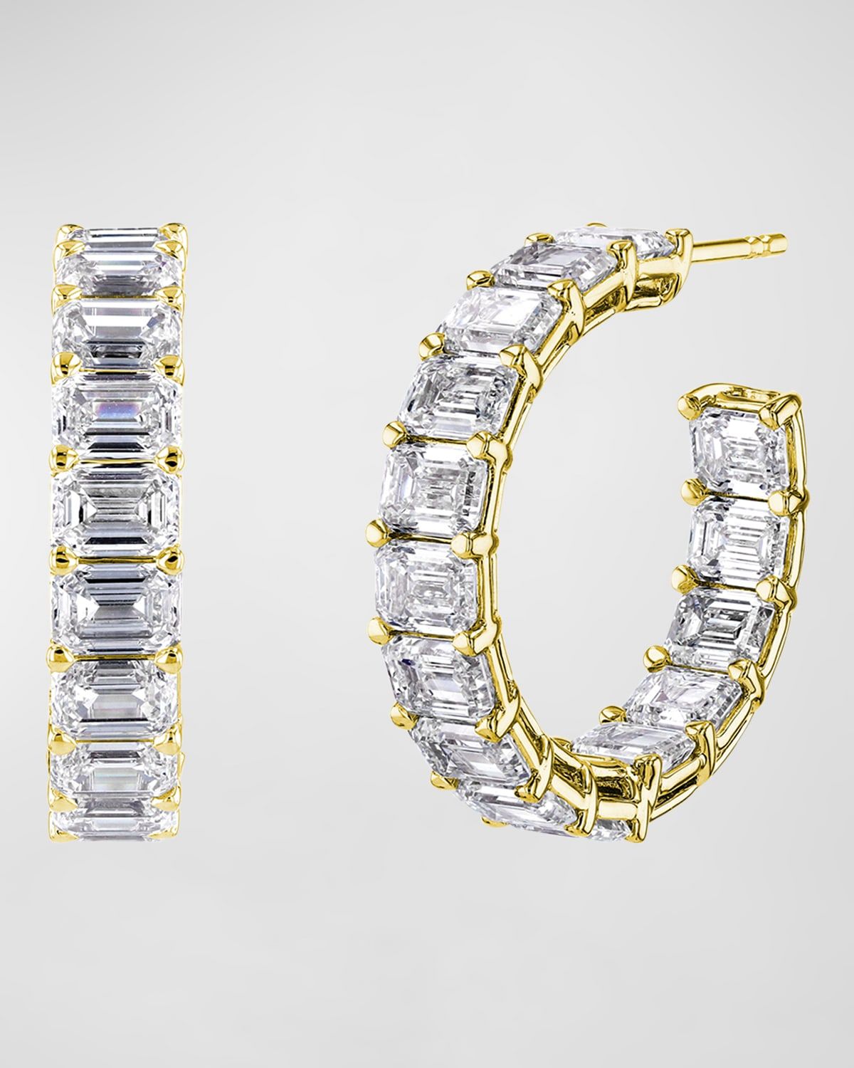 18K Gold East-West Emerald-Cut Diamond Hoop Earrings, 10.55tcw/1"L