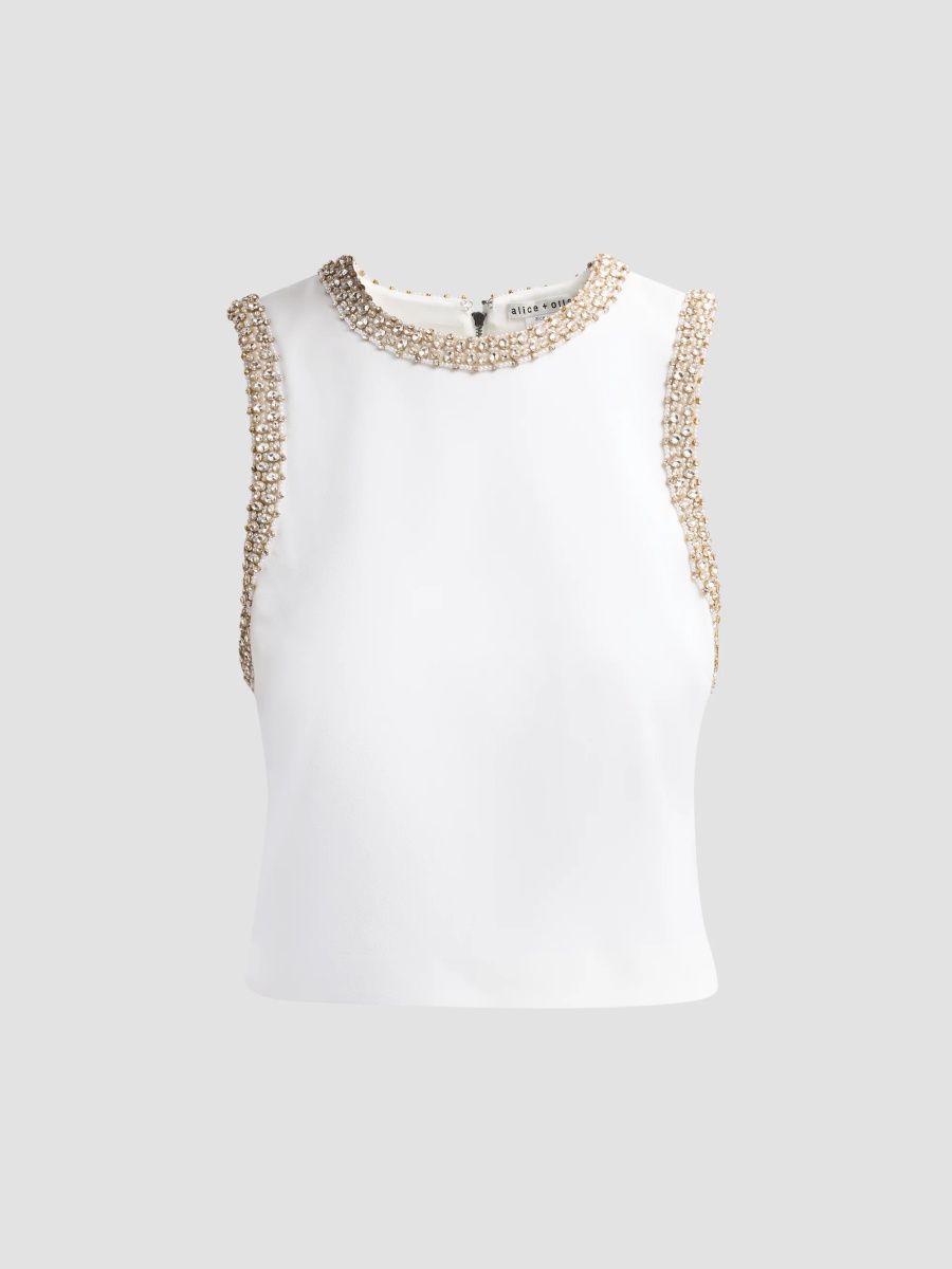 ALICE + OLIVIA Women's Amal Embellished-Trim Boxy Tank - Off White - Size XL