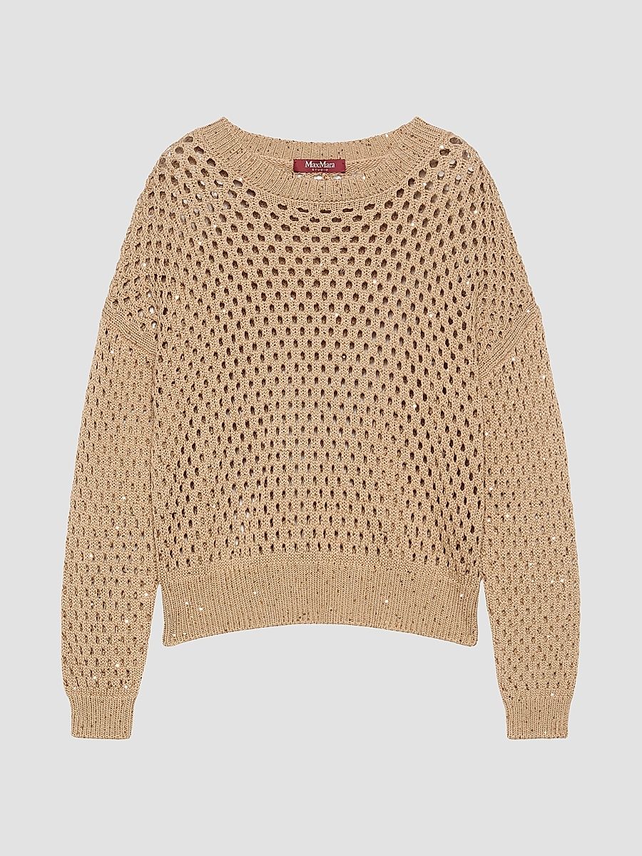 Women's Sequinned Cotton Boxy Sweater - Camel - Size XS