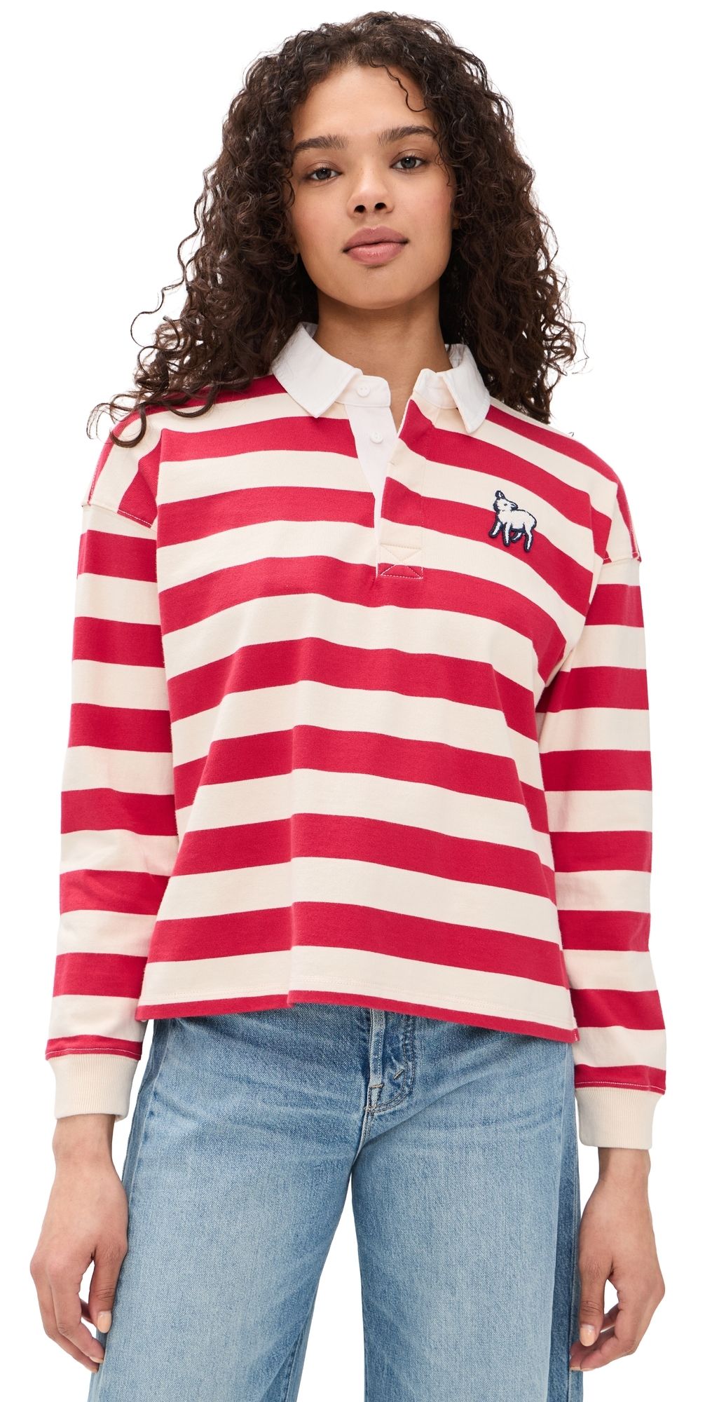 MOTHER The Boxy Match Pullover Tango Red And Cream XL