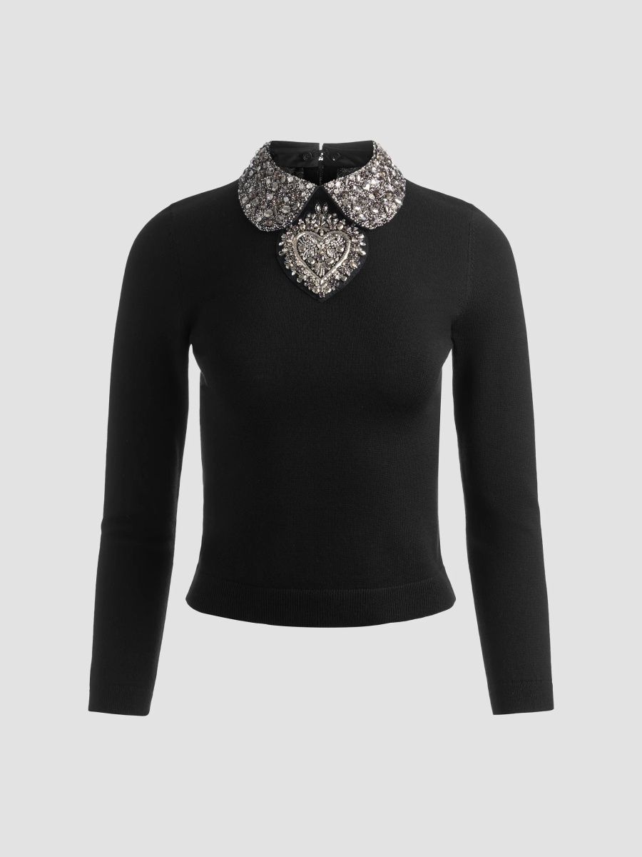 ALICE + OLIVIA Women's Porla Embroidered Stretch-Wool Sweater - Black Silver - Size XL