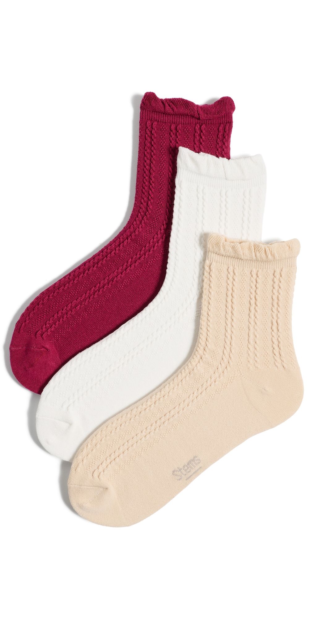 Stems Pointelle Crew Socks 3 Pack Beige/Violet/White One Size