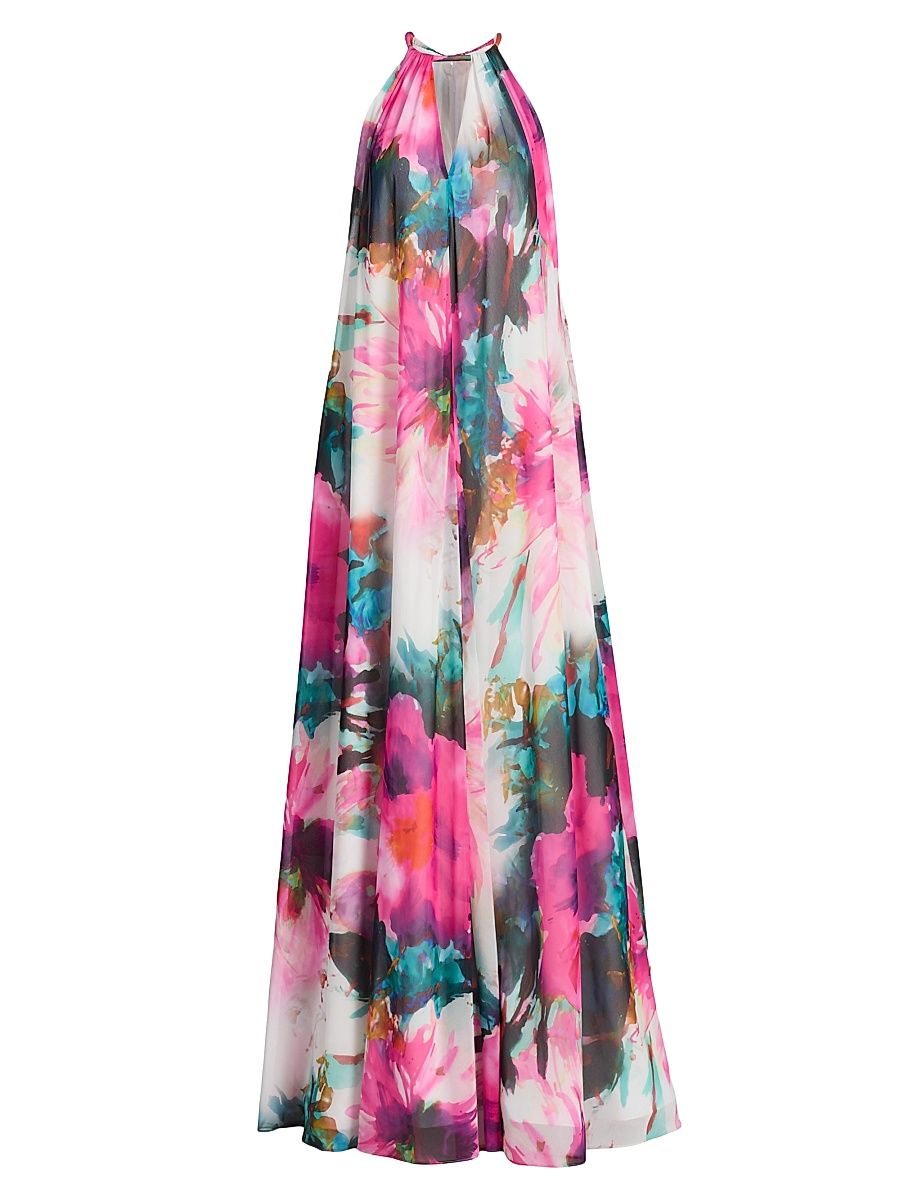 Women's Floral Georgette Halter Trapeze Gown - Fuchsia Multi - Size 12