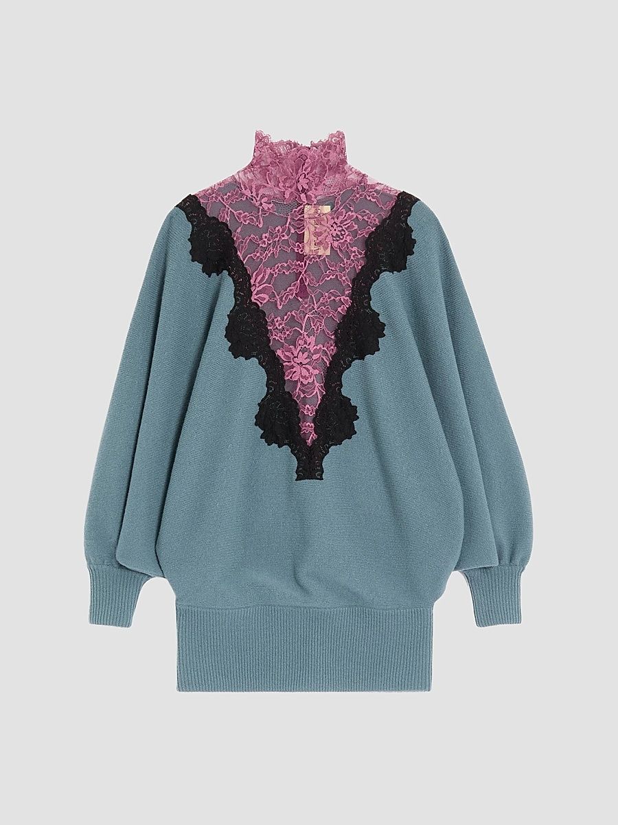 Women's Wool Sweater with Lace - Petrol Black - Size XS