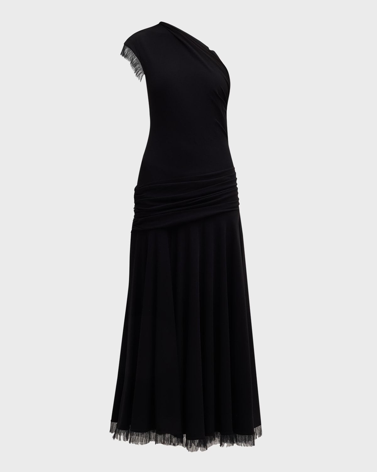 Tess Fringed One-Shoulder Draped Drop-Waist Maxi Dress