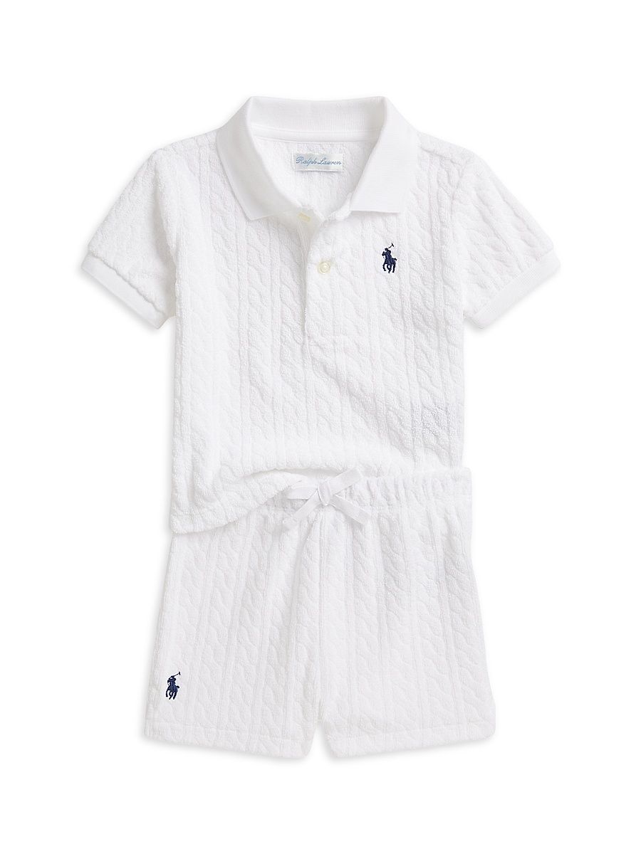 Baby Boy's Cable Terry Polo Shirt & Shorts Set - White - Size 9 Months