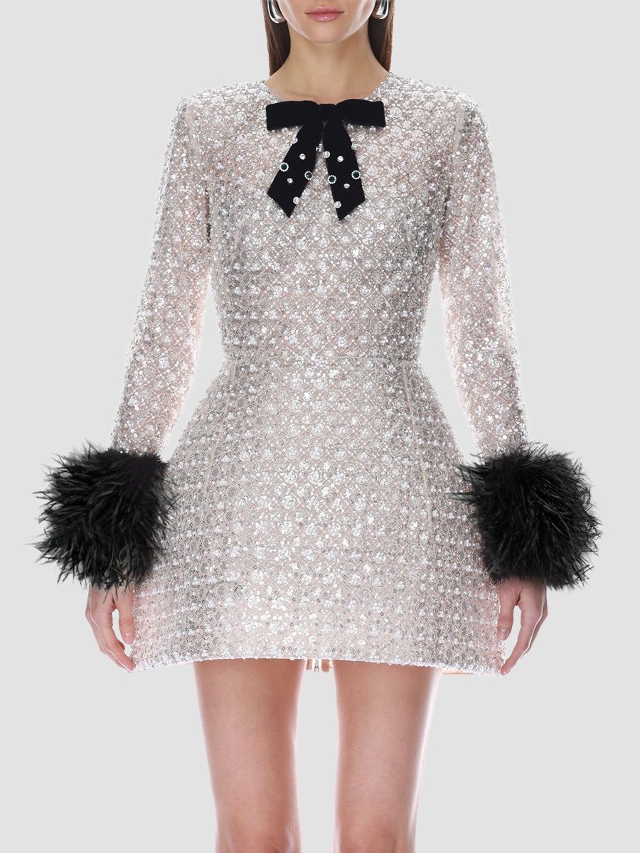 Bronx Banco Women's Embellished Feather-Cuff Mini Dress - Silver - Size XL