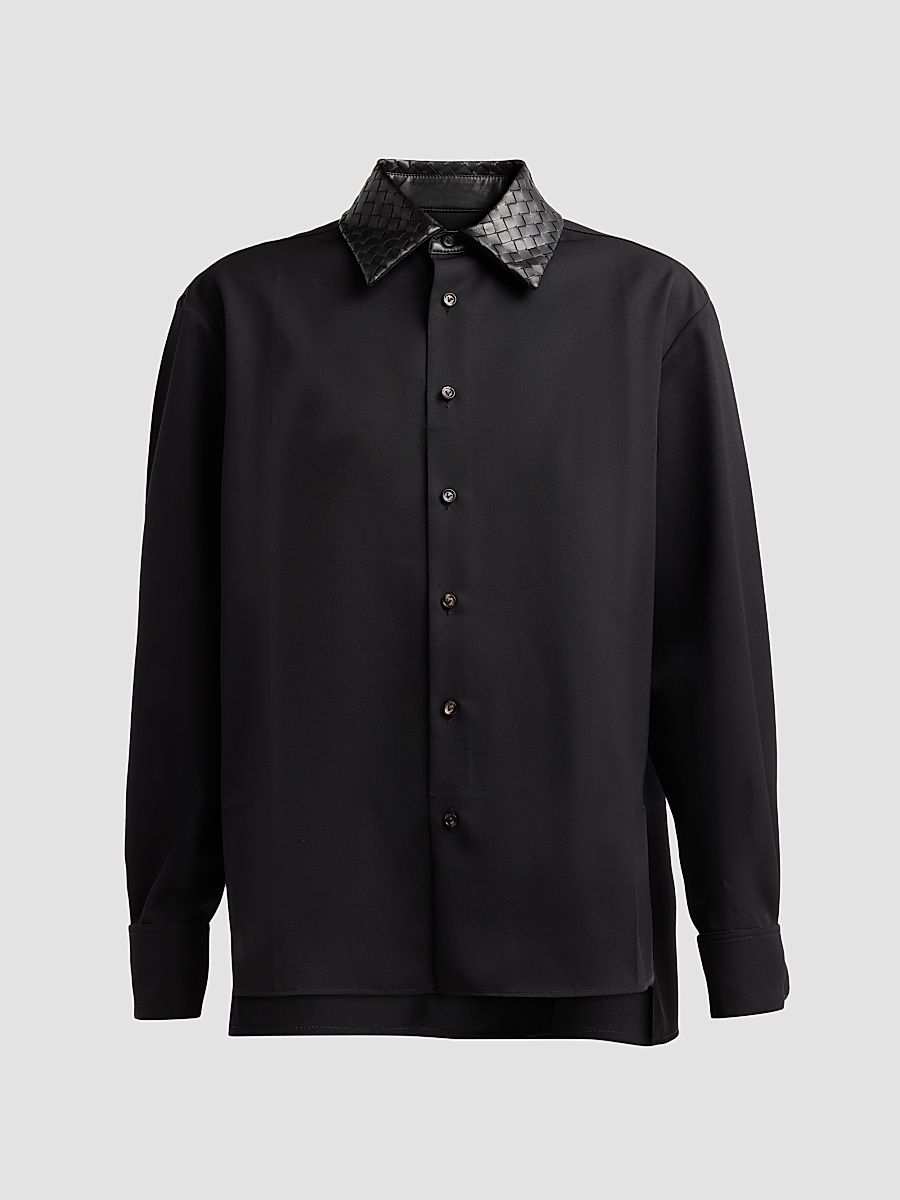 Women's Intrecciato Leather Collar Wool Shirt - Double Black - Size 4
