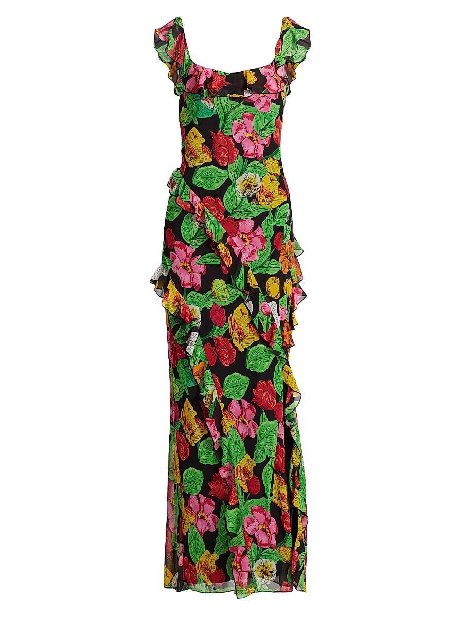 Women's Tulip Rosette Ruffle Maxi Dress - Black Multi - Size 12