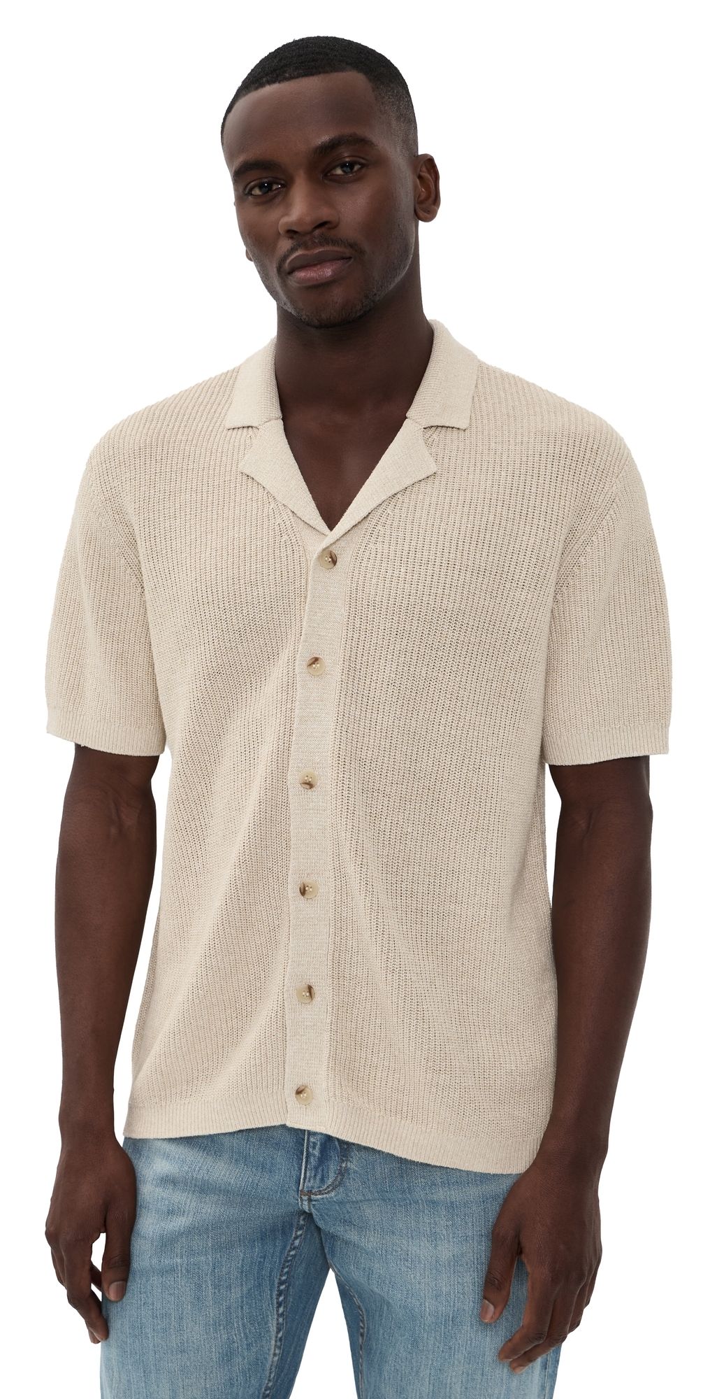 Onia Silk Linen Camp Shirt Melange Taupe XL