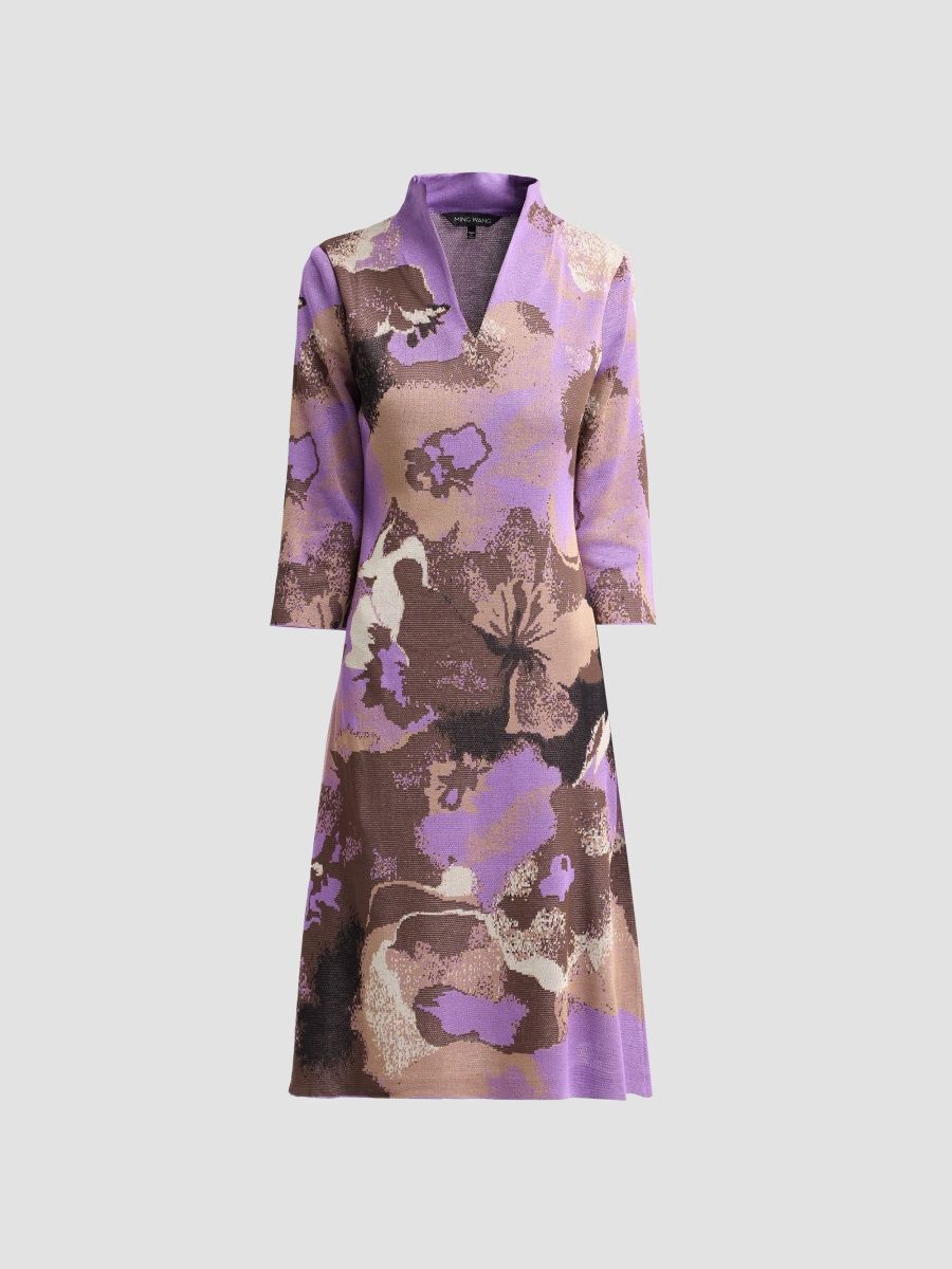 Ming Wang Women's Abstract Jacquard-Knit V-Neck Midi Dress - Sunset Purple - Size XS