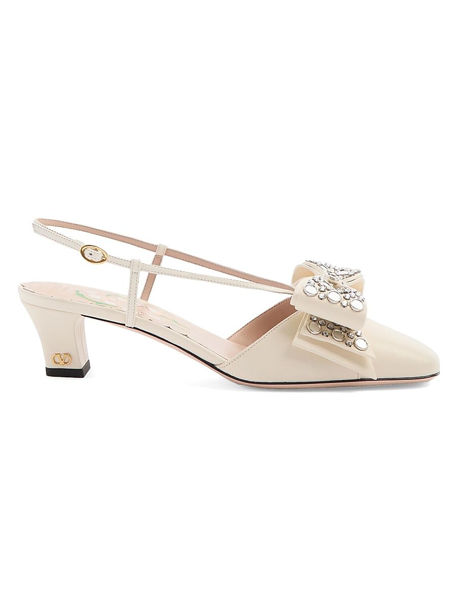 Women's Bowow Slingback 45MM Pumps in Kidskin with Mirrors and Crystals - Ivory Silver - Size 8
