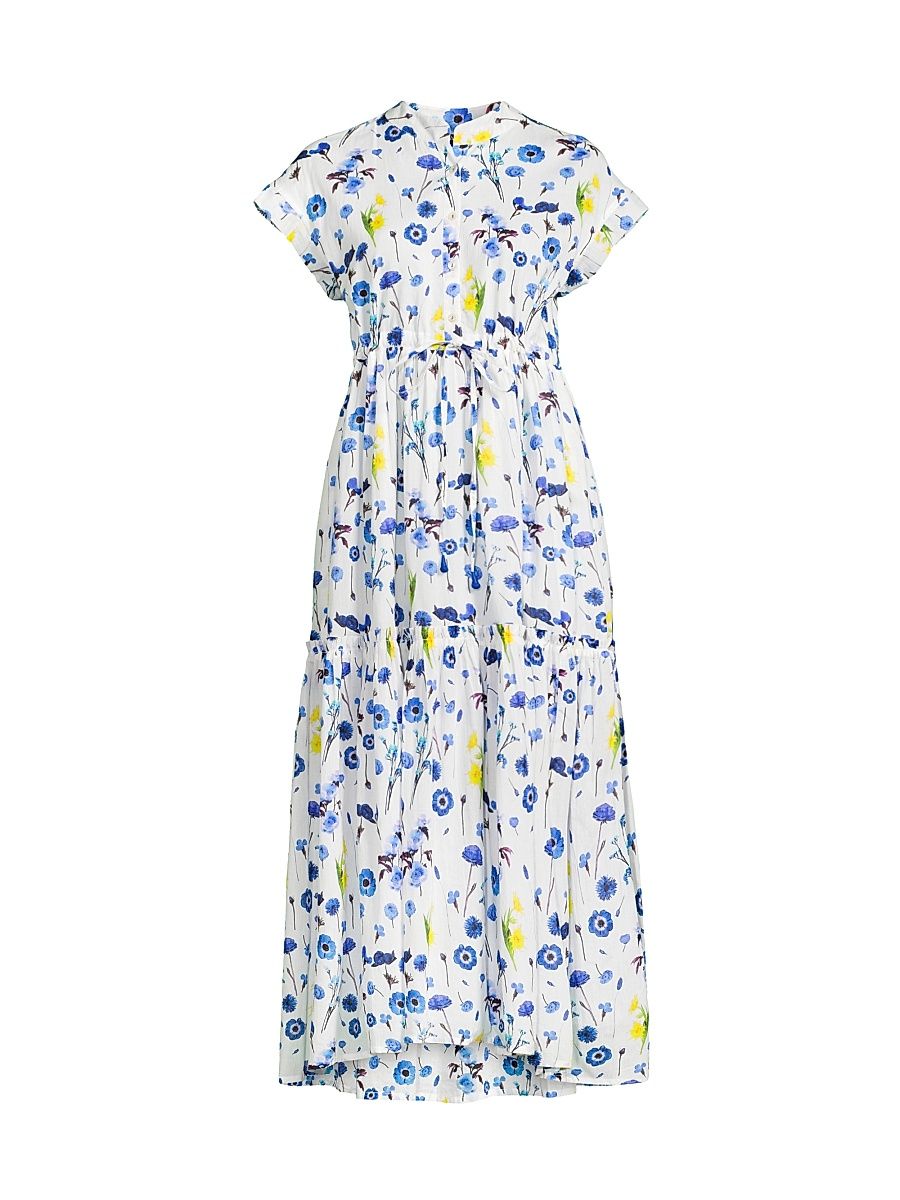 Women's Mumi Floral Cotton Tie-Waist Midi-Dress - Blue Avignon - Size Large