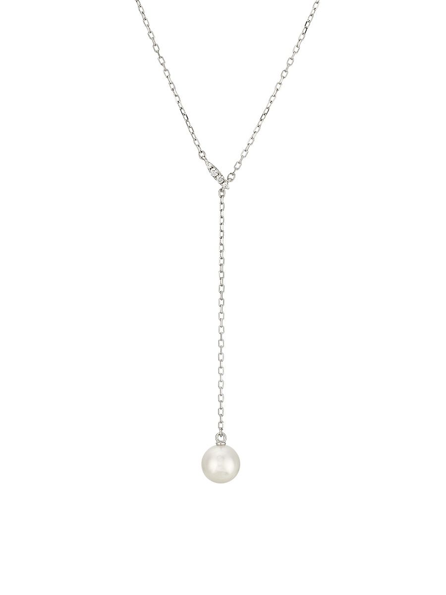 Women's Classic 18K White Gold, Akoya Pearl & 0.03 TCW Diamond Y Necklace - White Gold