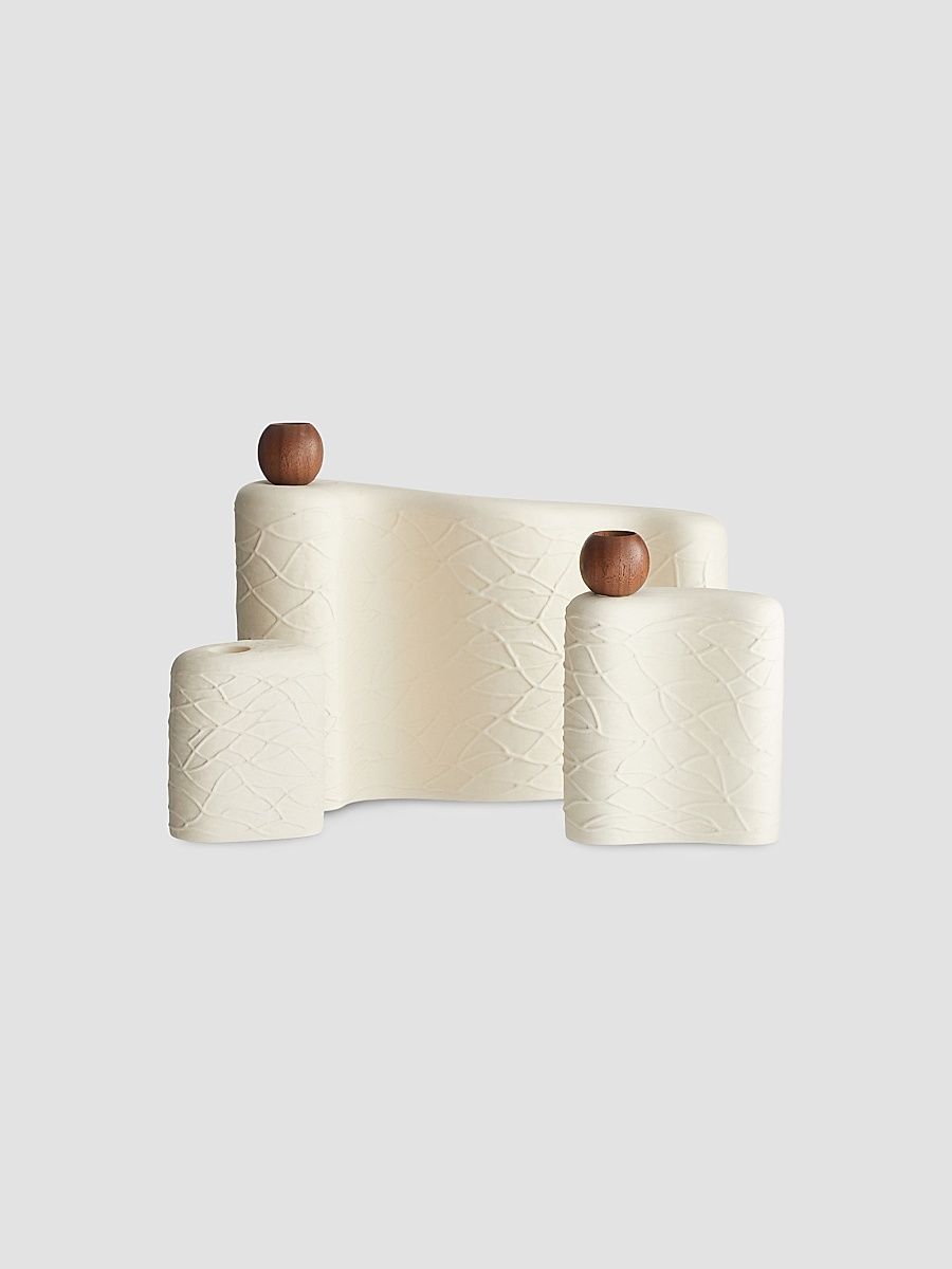 Hesner 3-Piece Nesting Porcelain & Walnut Candleholders - White