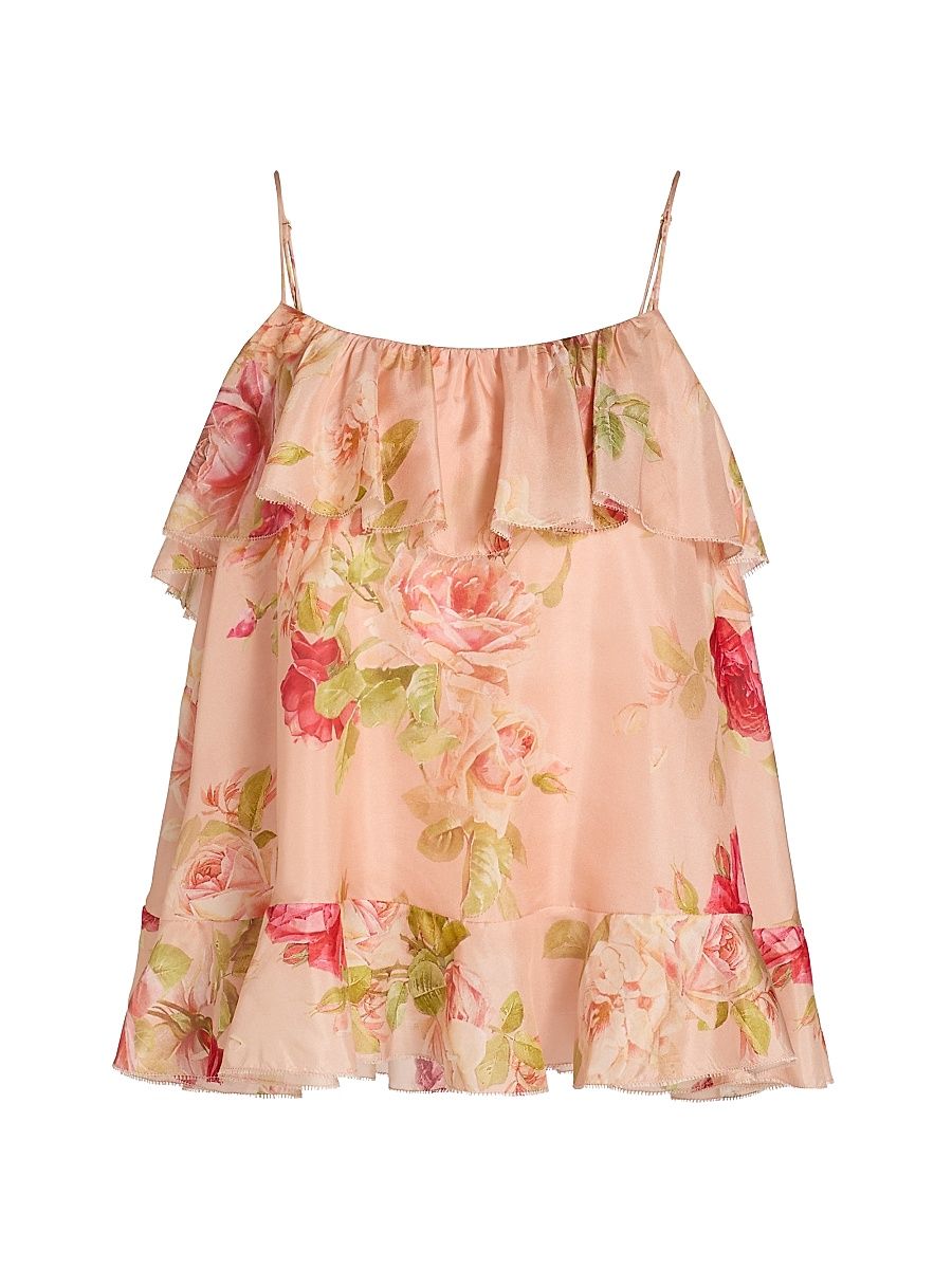 Women's Roselight Frill Silk Cami Top - Pink Rose Floral - Size 8