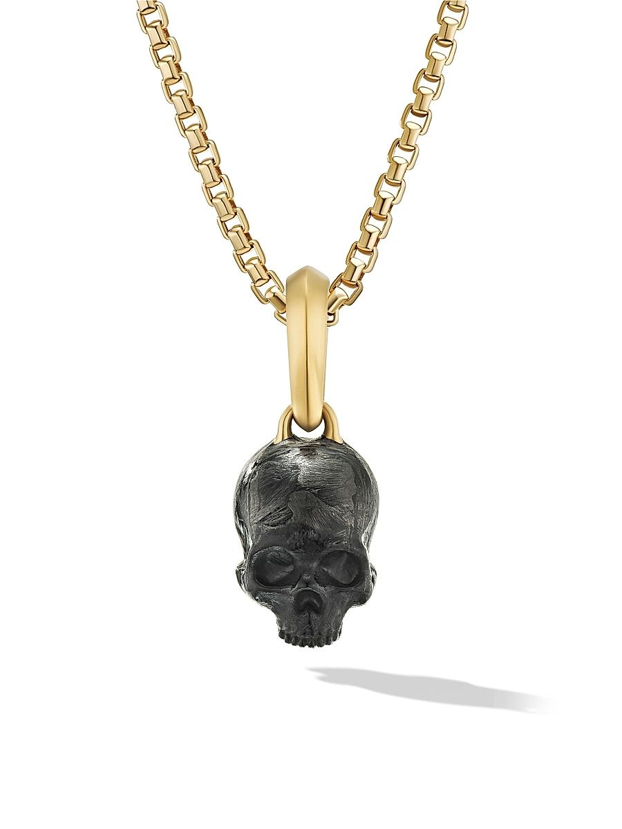 Men's Memento Mori Skull Amulet in 18K Yellow Gold - Forged Carbon