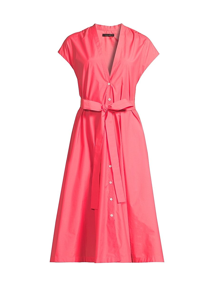 Women's Techno Poplin Tie-Waist A-Line Midi-Dress - Vivid Coral - Size XL