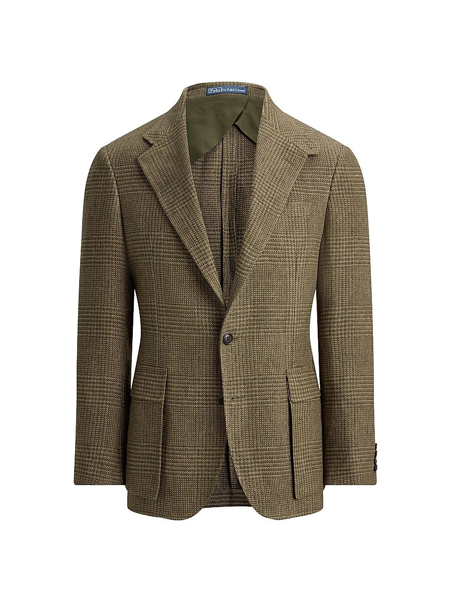 Men's Glen Checked Linen-Blend Blazer - Olive Sage Multi - Size 46