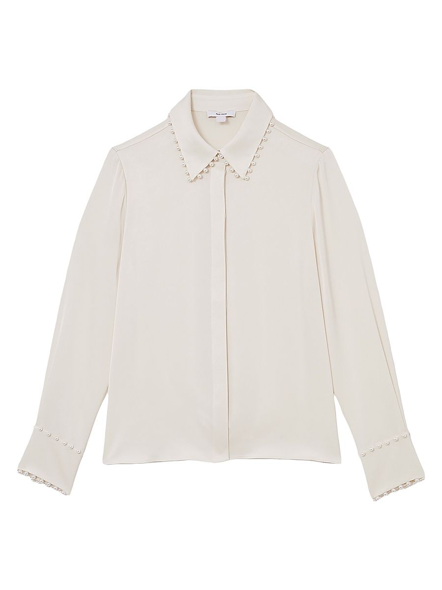 Women's Lois Imitation-Pearl Trimmed Satin Shirt - Ivory - Size 14