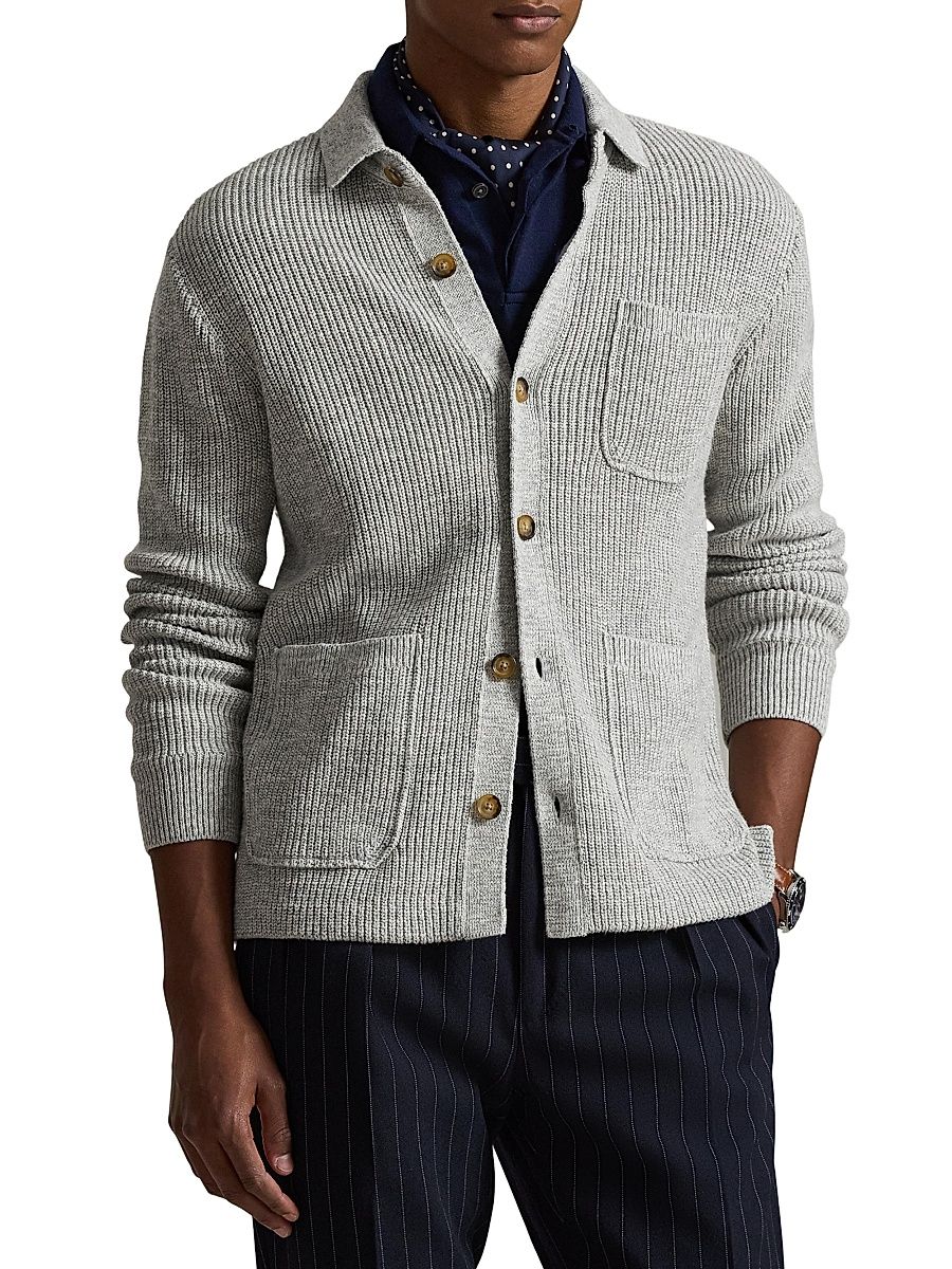 Men's Rib-Knit Cotton Pocket Cardigan - Grey Combo - Size XXL
