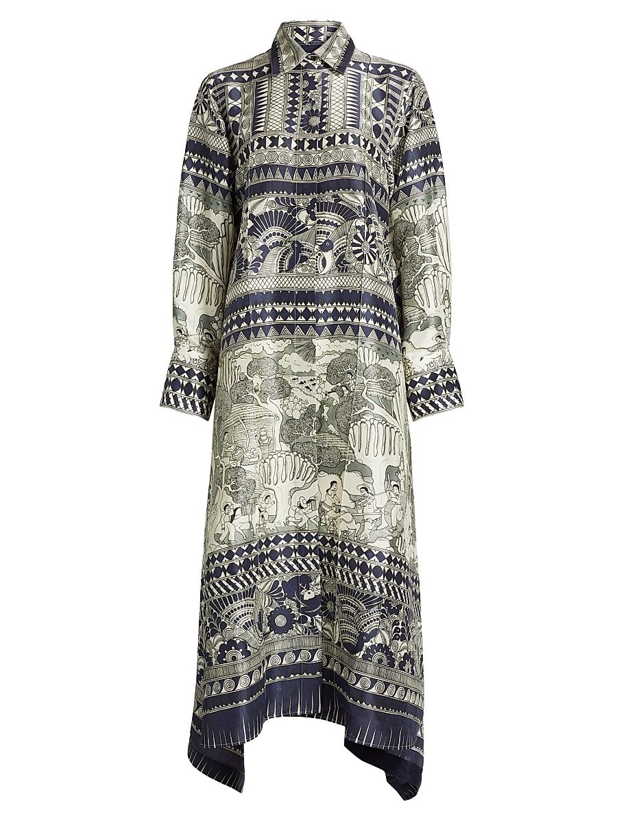 Women's Camille Printed Silk Long-Sleeve Maxi-Dress - Navy Ivory - Size Medium
