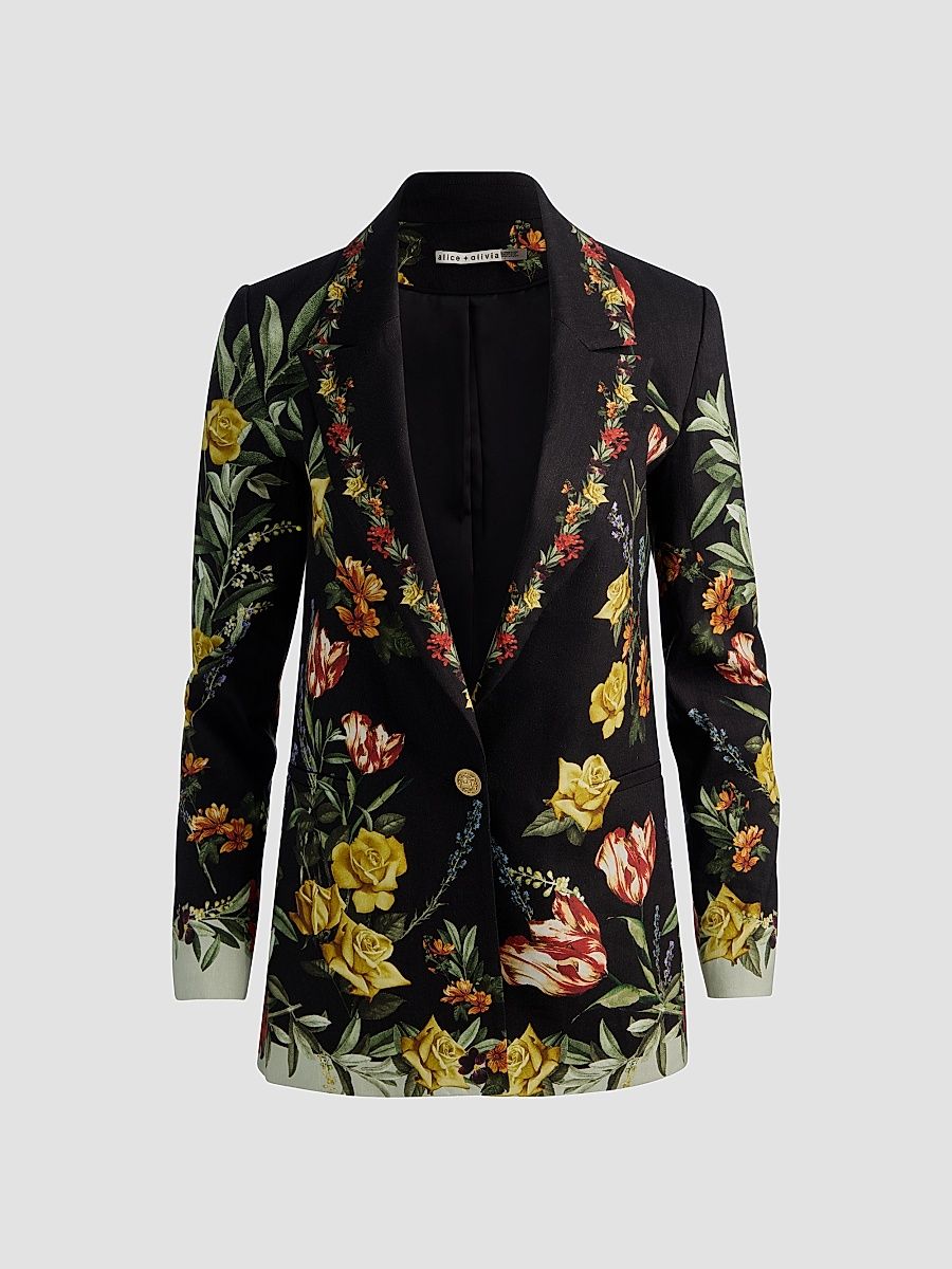 Women's Denny Floral Linen-Blend Boyfriend Blazer - Desert Sprigs Black - Size 0