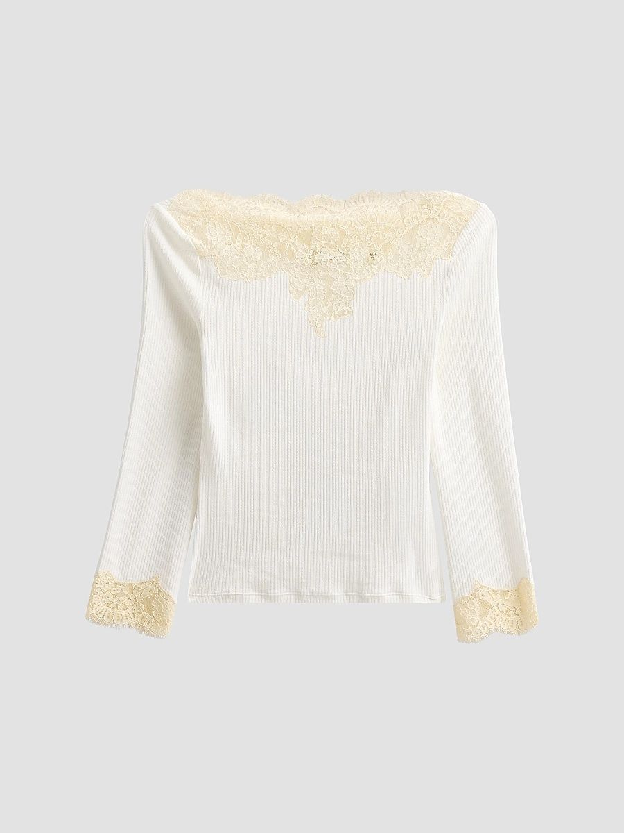 Women's Riana Lace-Trim Rib-Knit T-Shirt - Salt - Size XS