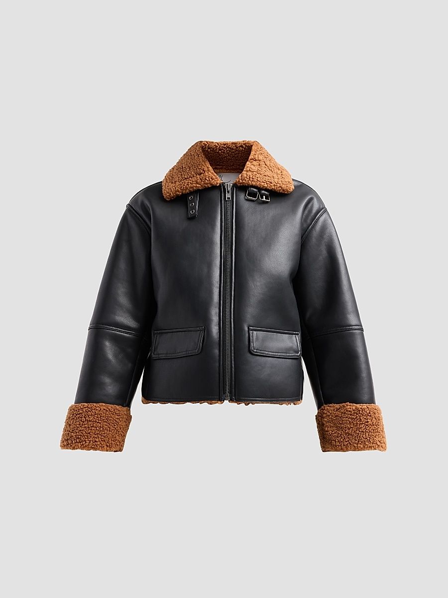 Women's Trinity Faux Shearling Jacket - Black Combo - Size Large