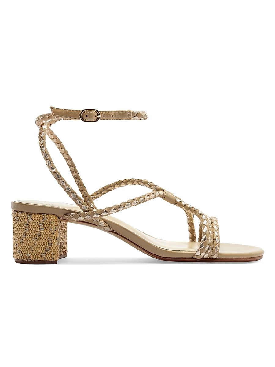 Women's Elba 45MM Woven Leather Block Heel Sandals - Semolina Golden - Size 9.5