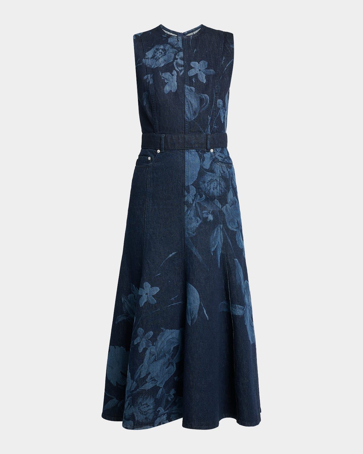 Floral-Print Denim Sleeveless Flute Midi Dress