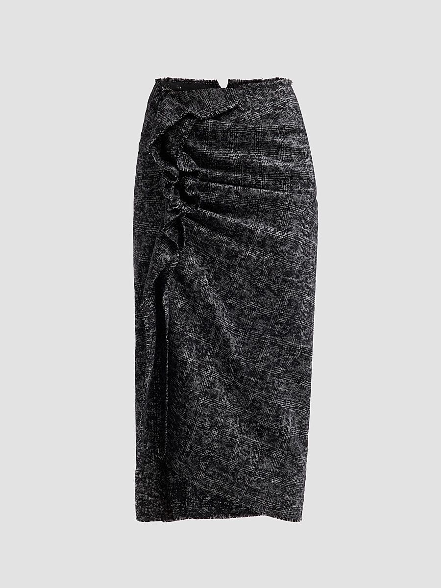Women's Pareo Frayed Virgin Wool Midi Skirt - Black Ivory - Size 10