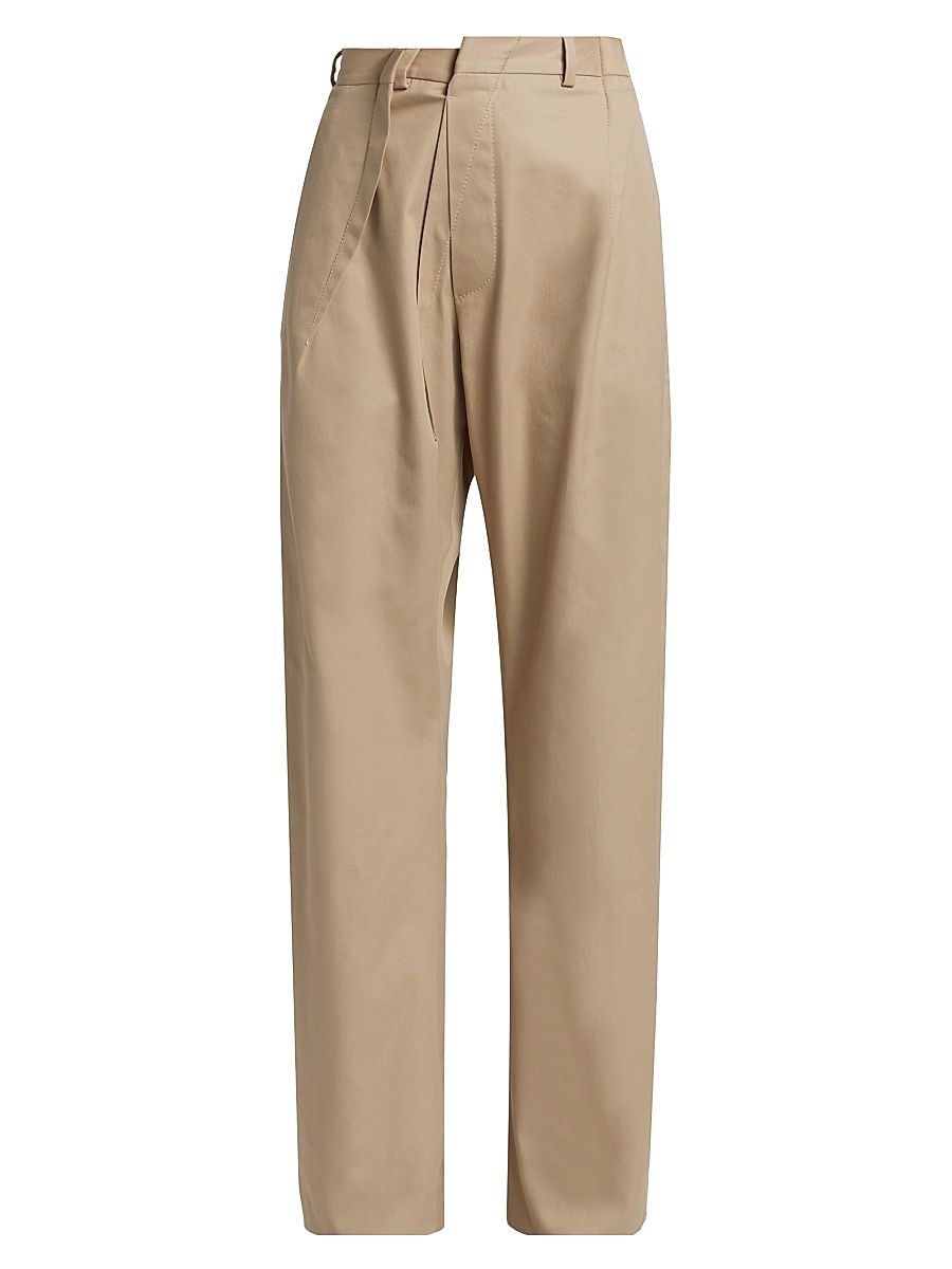 Women's Pleated Cotton Straight-Leg Pants - Sand - Size 8