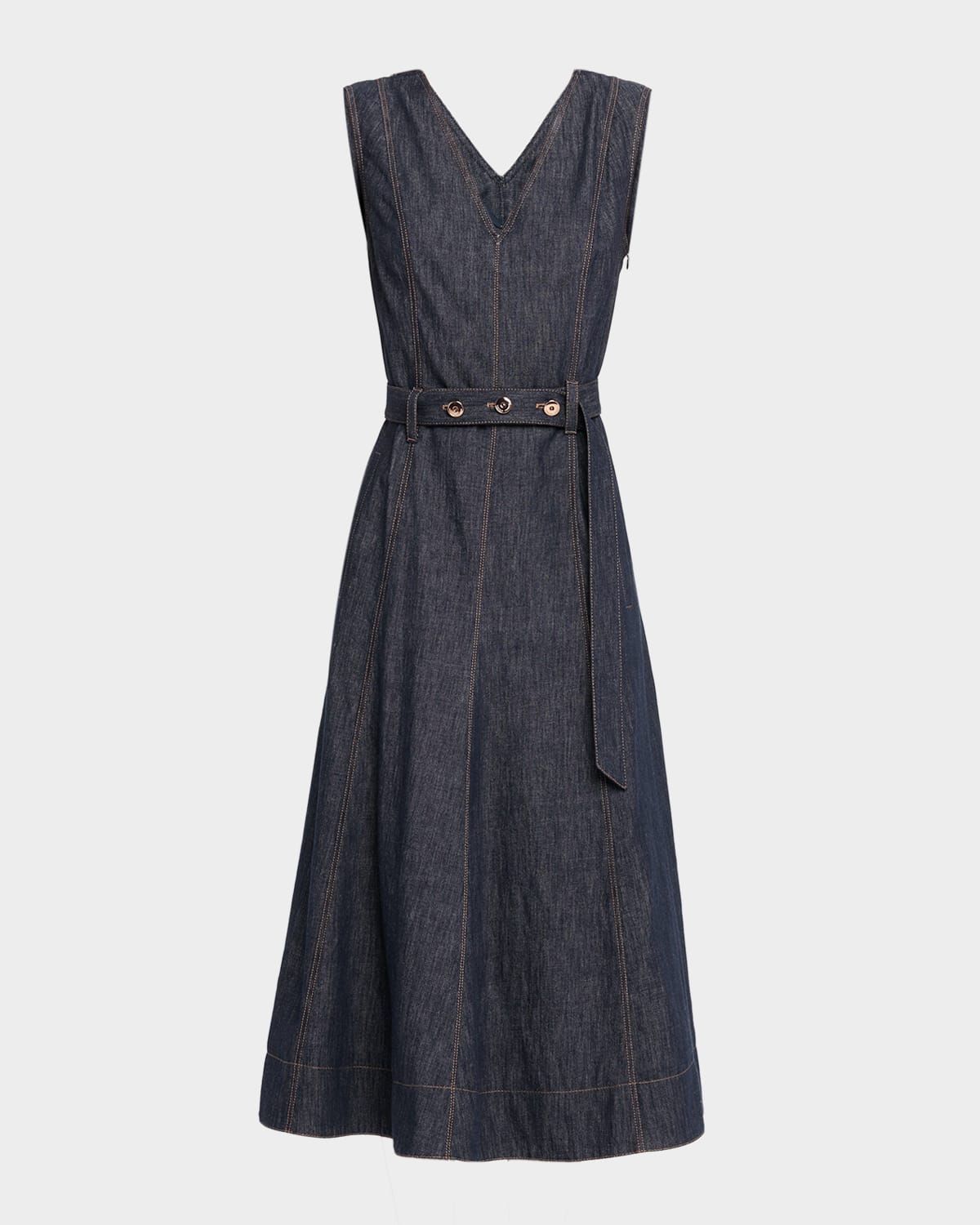 V-Neck Sleeveless Denim Belted Midi Dress