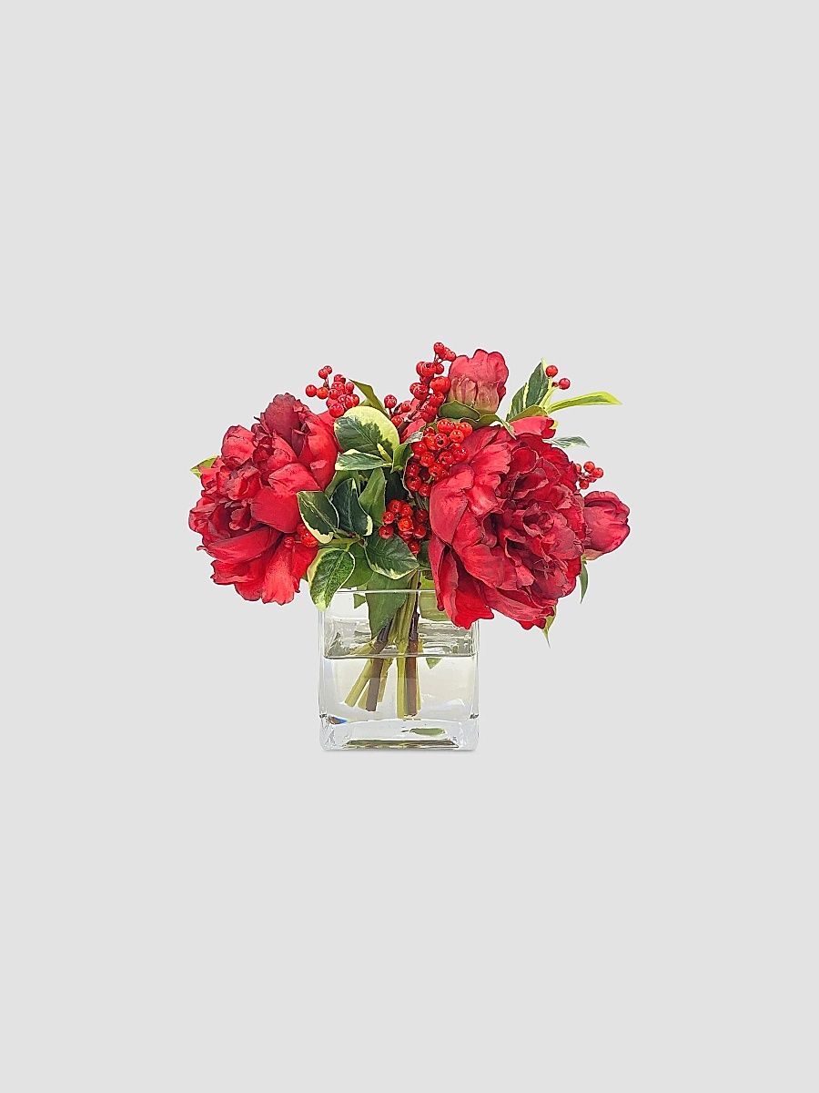 Holiday Newness Cube Vase Faux Peony Arrangement