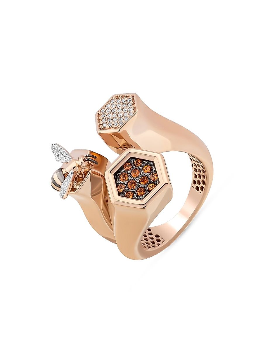 Women's Honey 14K Rose Gold, 0.18 TCW Diamond & Orange Sapphire Bee Ring - Rose Gold - Size 7