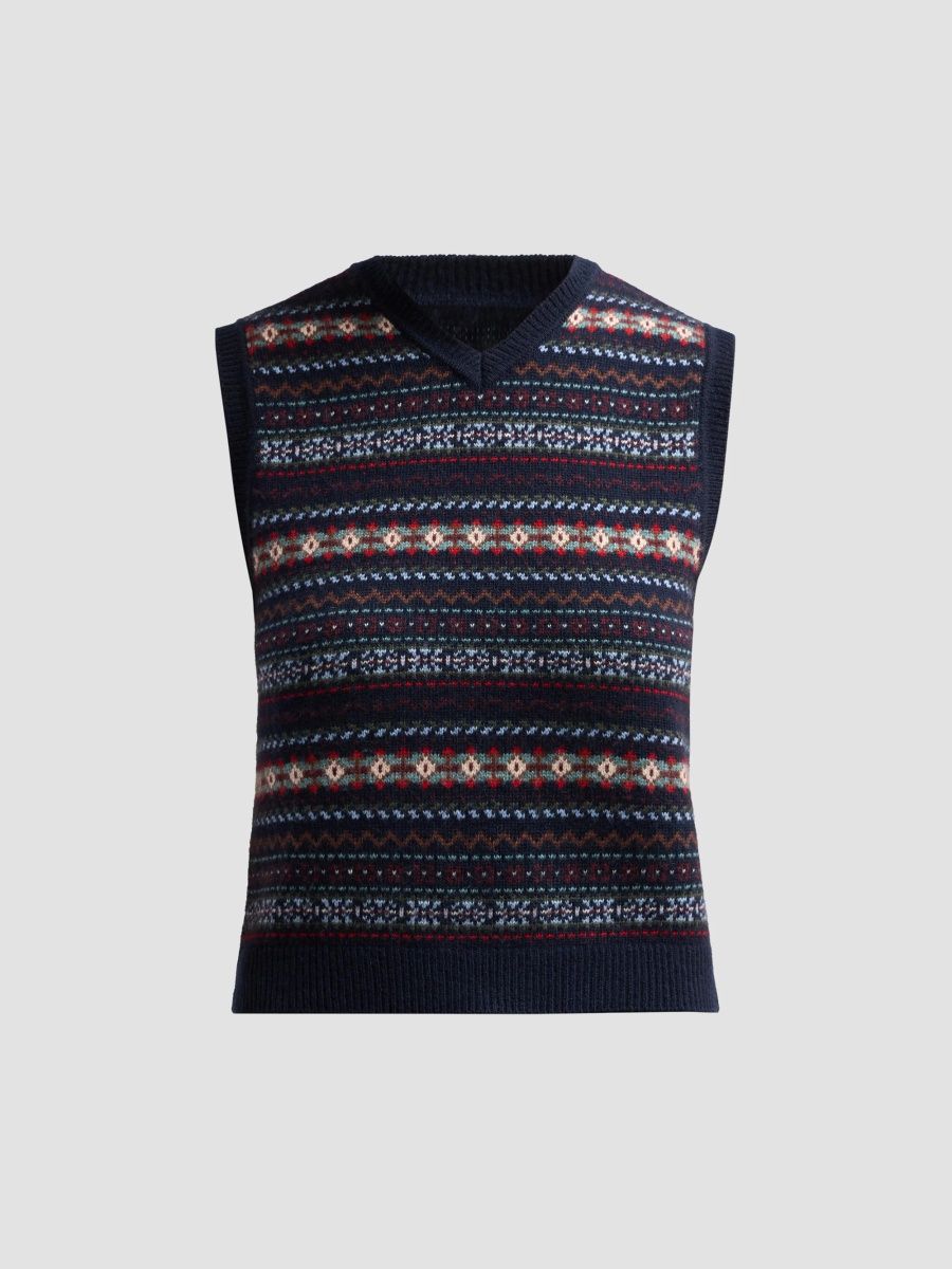 DÔEN Women's Vincent Wool-Cashmere Sweater Vest - Navy Dash Wood Fair Isle - Size XS