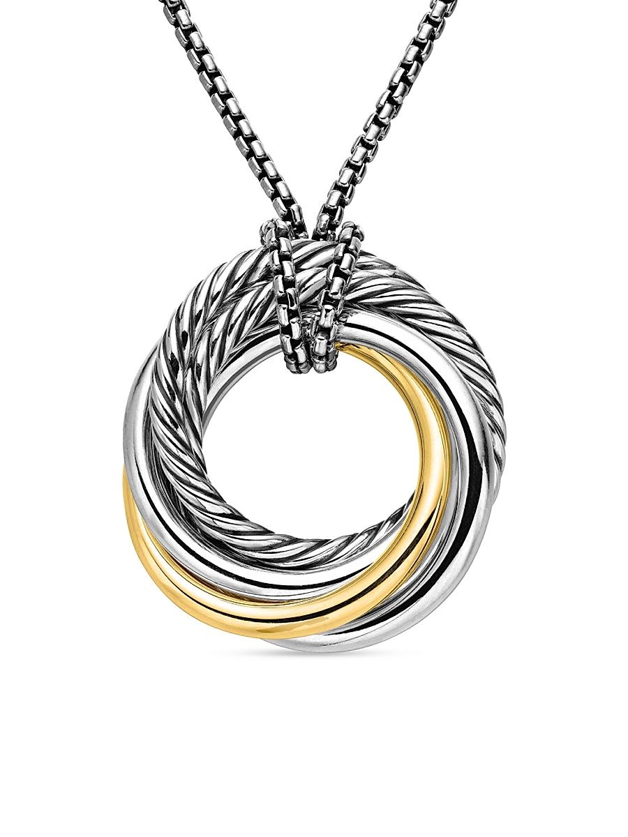 Women's Crossover Pendant Necklace in Sterling Silver with 14K Yellow Gold, 28MM - Silver