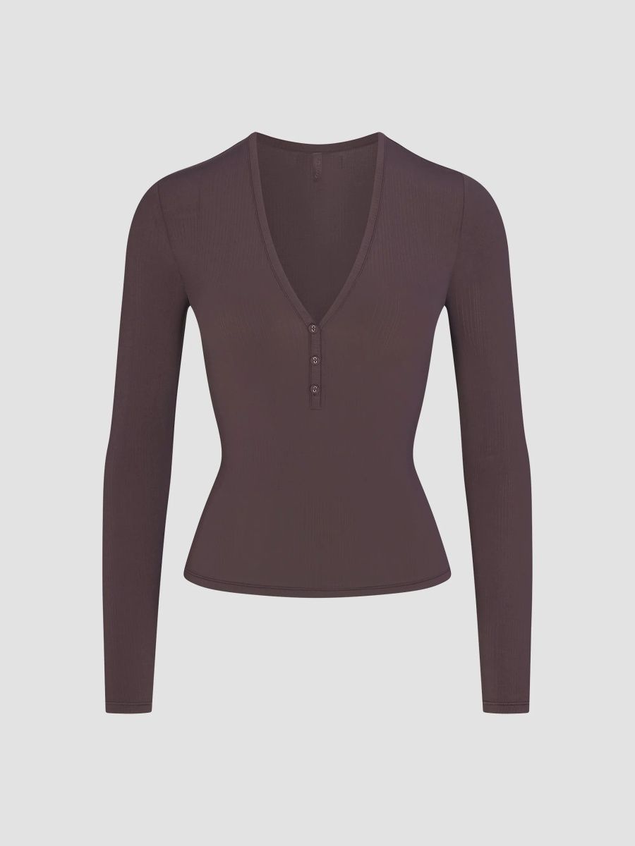 SKIMS Women's Cloud Sleep Henley Top - Iron - Size XS