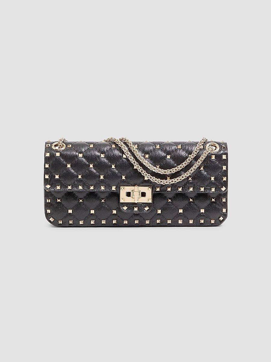 Women's Rock Stud Spike Medium Shoulder Bag in Kidskin - Black