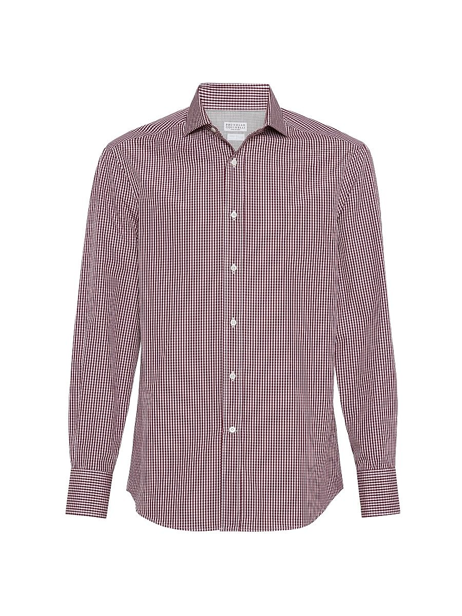 Men's Checked Cotton Slim Fit Shirt with Spread Collar - Amaranth Red - Size XXL