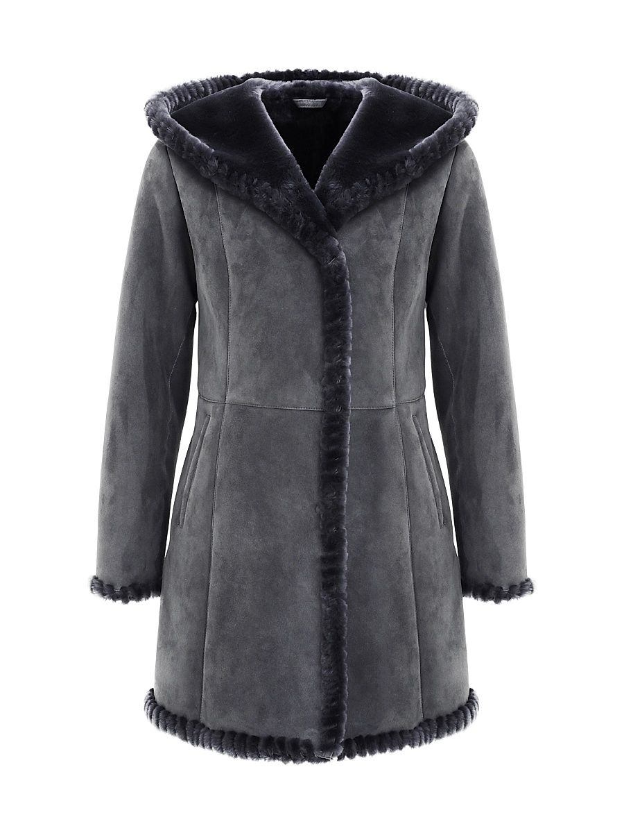 Women's Shearling Lamb Parka with Whipstitch Trim - Anthracite - Size Medium