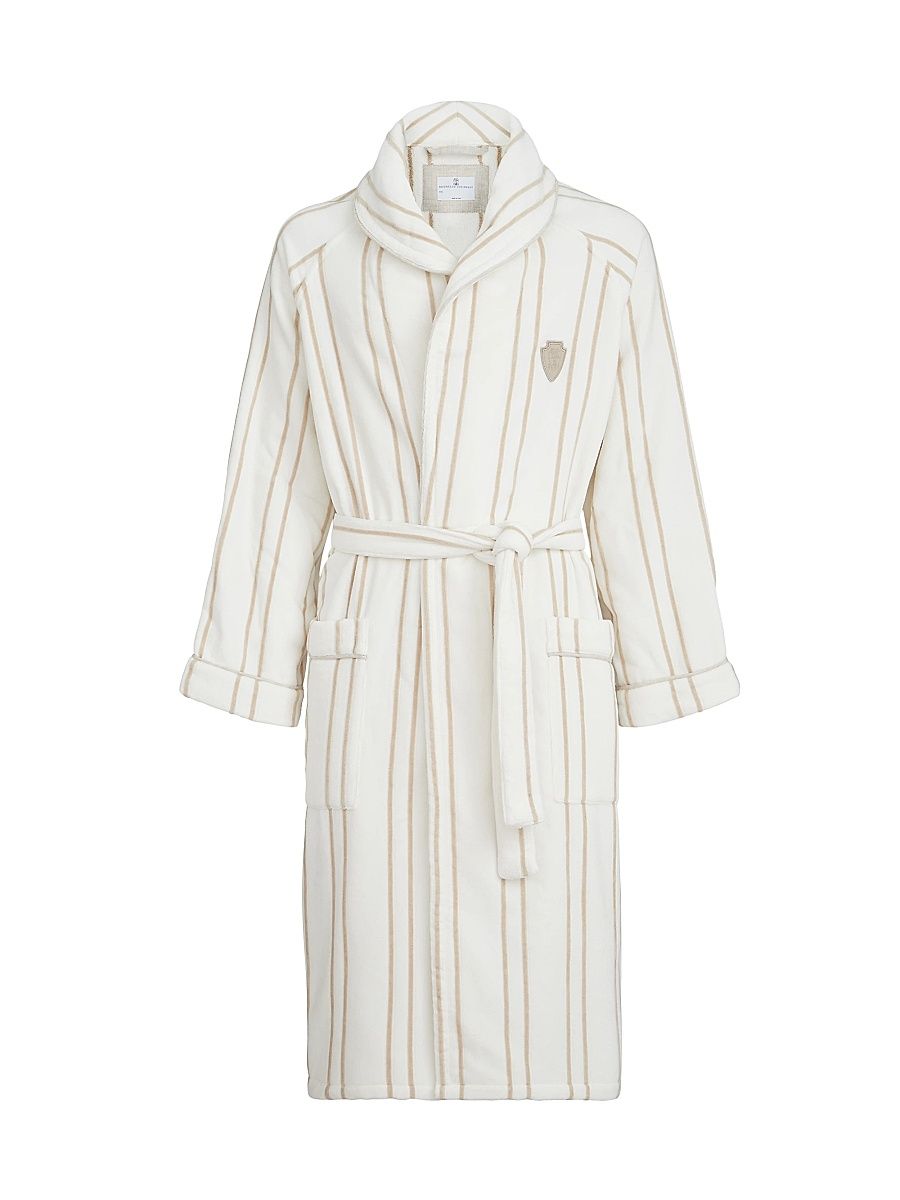 Women's Striped Cotton Terrycloth Bathrobe with Logo - Buff - Size Large