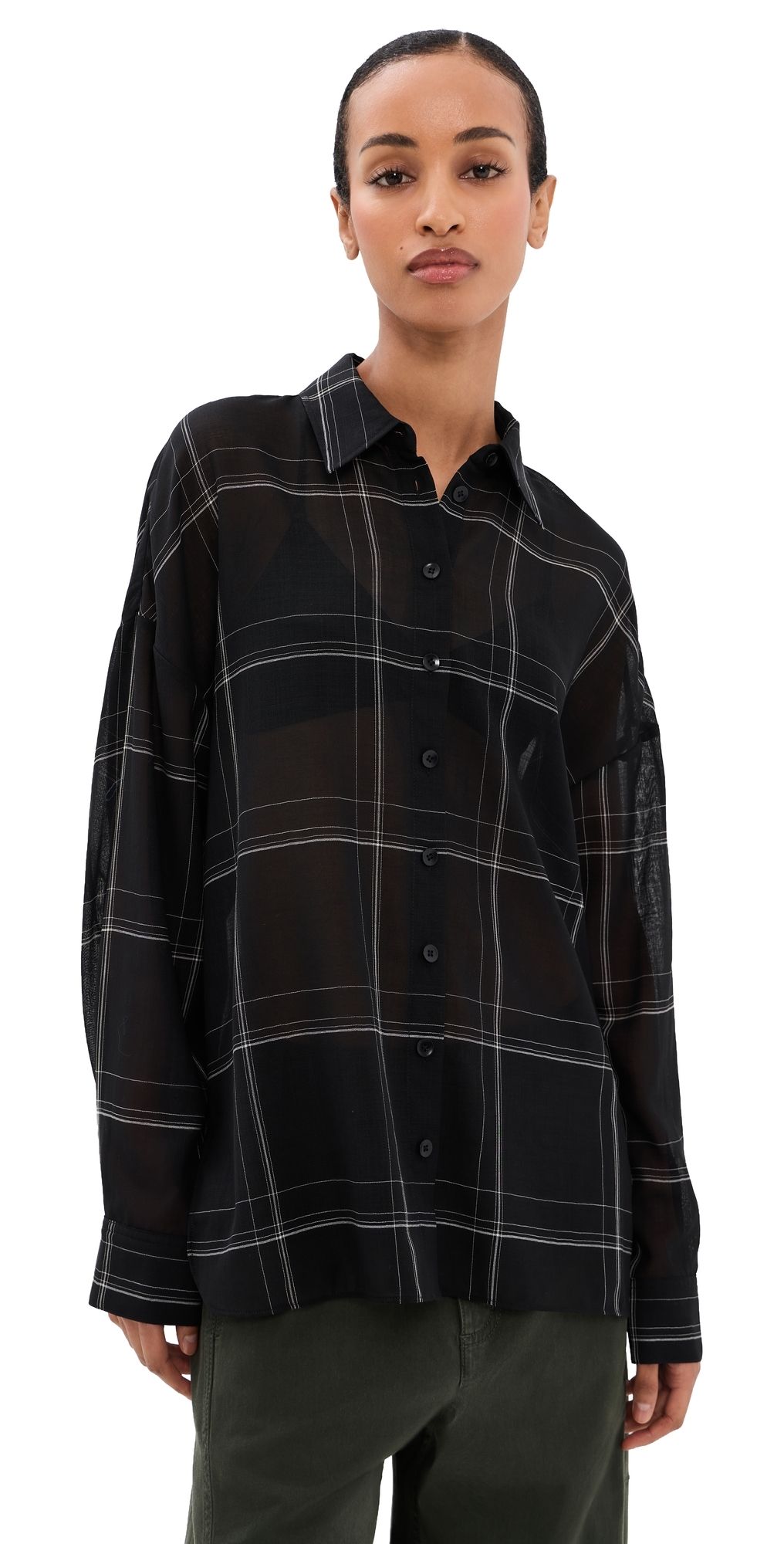 Tibi Sheer Wool Gauze Oversized Check Shirt Black multi L