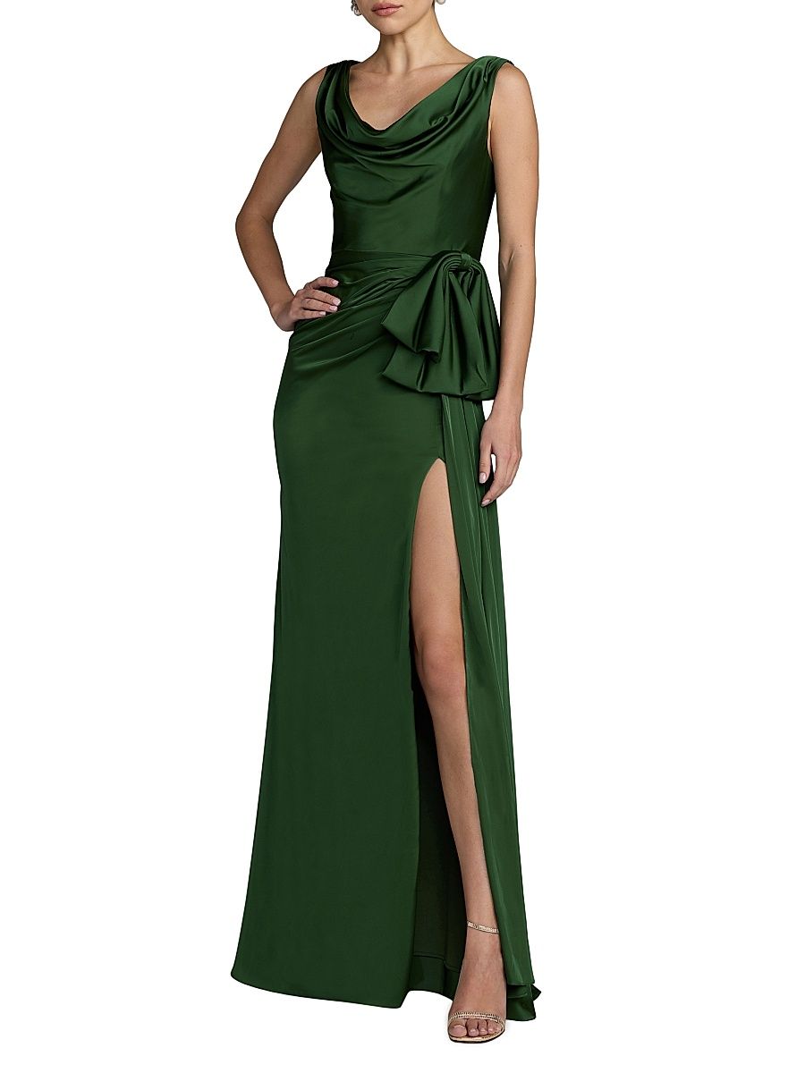 Women's Charmeuse Sleeveless Cowlneck Gown - Emerald - Size 2