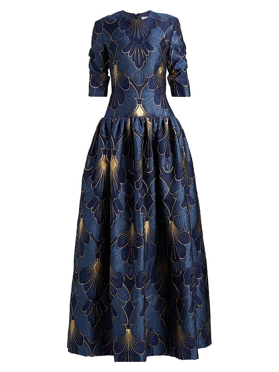 Women's Lamé Brocade Dropped Waist Gown - Navy - Size 6