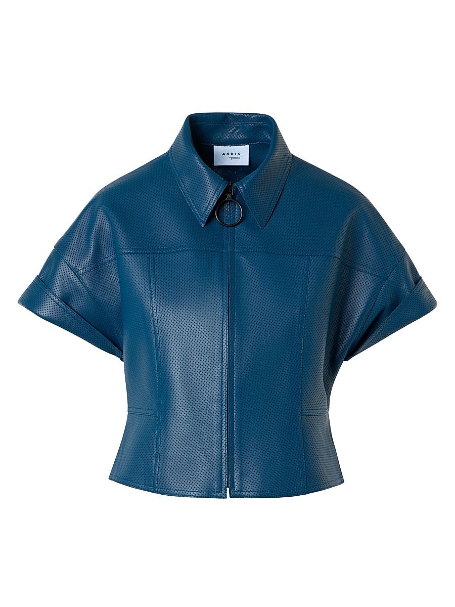 Women's Pin-Dot Leather Crop Jacket - Dark Blue - Size 12