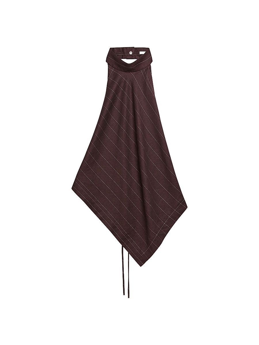 Women's Pinstripe Asymmetric Linen-Blend Halter Scarf Top - Brown Multi - Size Large